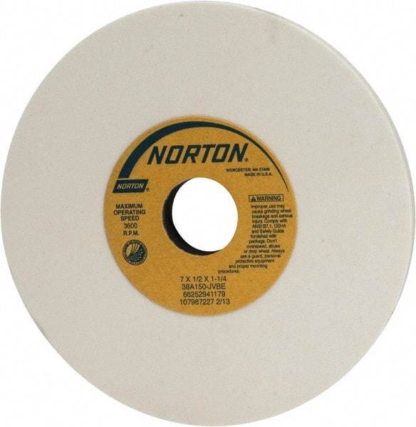 Norton - 7" Diam x 1-1/4" Hole x 1/2" Thick, J Hardness, 150 Grit Surface Grinding Wheel - Aluminum Oxide, Type 1, Very Fine Grade, 3,600 Max RPM, Vitrified Bond, No Recess - A1 Tooling