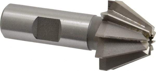 Made in USA - 1-1/4" Large x 1/2" Small Diam, 25/32" Width of Cut, 60° Included Angle, 10 Teeth, High Speed Steel Face Angle Cutter - 5/8" Shank Diam, 2-21/32" Overall Length, Weldon Flat - A1 Tooling