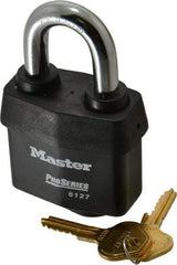 Master Lock - 1-3/8" Shackle Clearance, Keyed Different Padlock - 7/8" Shackle Width, 7/16" Shackle Diam, Laminated Steel - A1 Tooling