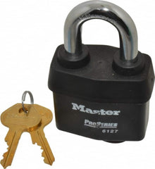 Master Lock - 1-3/8" Shackle Clearance, Keyed Alike Padlock - 7/8" Shackle Width, 7/16" Shackle Diam, Laminated Steel - A1 Tooling