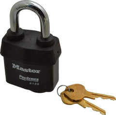 Master Lock - 1-3/8" Shackle Clearance, Keyed Different Padlock - 7/8" Shackle Width, 3/8" Shackle Diam, Laminated Steel - A1 Tooling