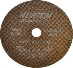 Norton - 4" 60 Grit Aluminum Oxide Cutoff Wheel - 0.035" Thick, 1/2" Arbor, 19,100 Max RPM, Use with Die Grinders - A1 Tooling