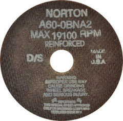 Norton - 4" 60 Grit Aluminum Oxide Cutoff Wheel - 0.035" Thick, 3/4" Arbor, 19,100 Max RPM, Use with Die Grinders - A1 Tooling