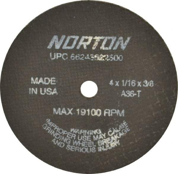 Norton - 4" 36 Grit Aluminum Oxide Cutoff Wheel - 1/16" Thick, 3/8" Arbor, 19,100 Max RPM, Use with Die Grinders - A1 Tooling