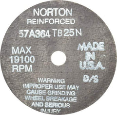 Norton - 4" 36 Grit Aluminum Oxide Cutoff Wheel - 1/16" Thick, 1/2" Arbor, 19,100 Max RPM, Use with Die Grinders - A1 Tooling