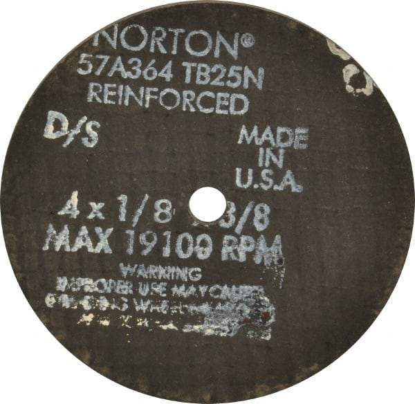 Norton - 4" 36 Grit Aluminum Oxide Cutoff Wheel - 1/8" Thick, 3/8" Arbor, 19,100 Max RPM, Use with Die Grinders - A1 Tooling