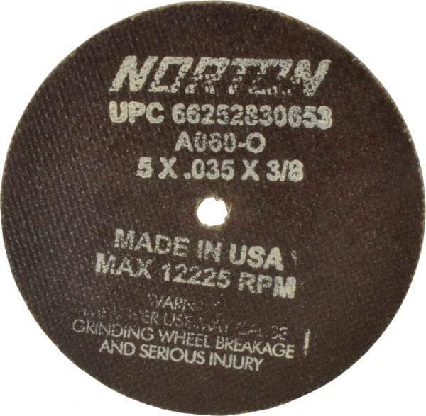 Norton - 5" 60 Grit Aluminum Oxide Cutoff Wheel - 0.035" Thick, 3/8" Arbor, 12,225 Max RPM, Use with Die Grinders - A1 Tooling