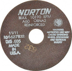 Norton - 6" 60 Grit Aluminum Oxide Cutoff Wheel - 0.035" Thick, 1-1/4" Arbor, 10,190 Max RPM, Use with Angle Grinders - A1 Tooling