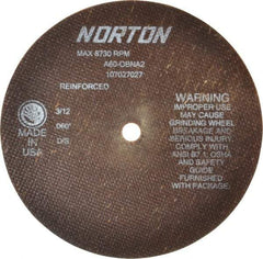 Norton - 7" 60 Grit Aluminum Oxide Cutoff Wheel - 0.06" Thick, 1/2" Arbor, 8,730 Max RPM, Use with Stationary Grinders - A1 Tooling