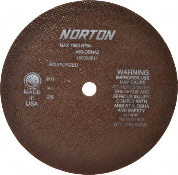 Norton - 8" 60 Grit Aluminum Oxide Cutoff Wheel - 0.06" Thick, 5/8" Arbor, 7,640 Max RPM, Use with Circular Saws - A1 Tooling