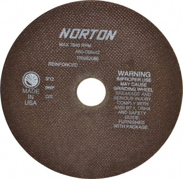 Norton - 8" 60 Grit Aluminum Oxide Cutoff Wheel - 0.06" Thick, 1-1/4" Arbor, 7,640 Max RPM, Use with Stationary Grinders - A1 Tooling