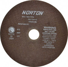 Norton - 8" 60 Grit Aluminum Oxide Cutoff Wheel - 0.06" Thick, 1-1/4" Arbor, 7,640 Max RPM, Use with Stationary Grinders - A1 Tooling