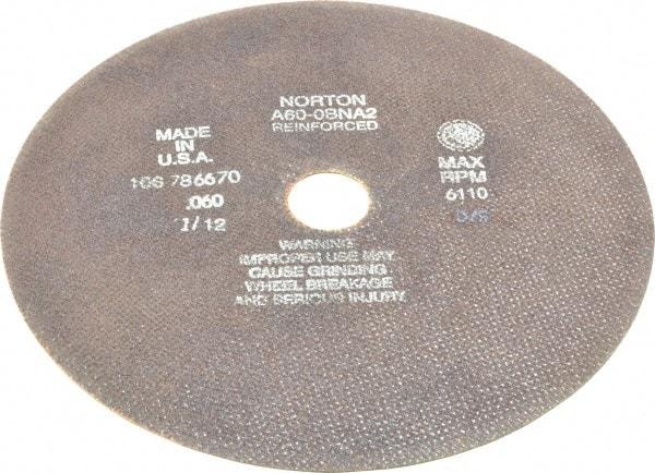 Norton - 10" 60 Grit Aluminum Oxide Cutoff Wheel - 0.06" Thick, 1-1/4" Arbor, 6,110 Max RPM, Use with Stationary Grinders - A1 Tooling