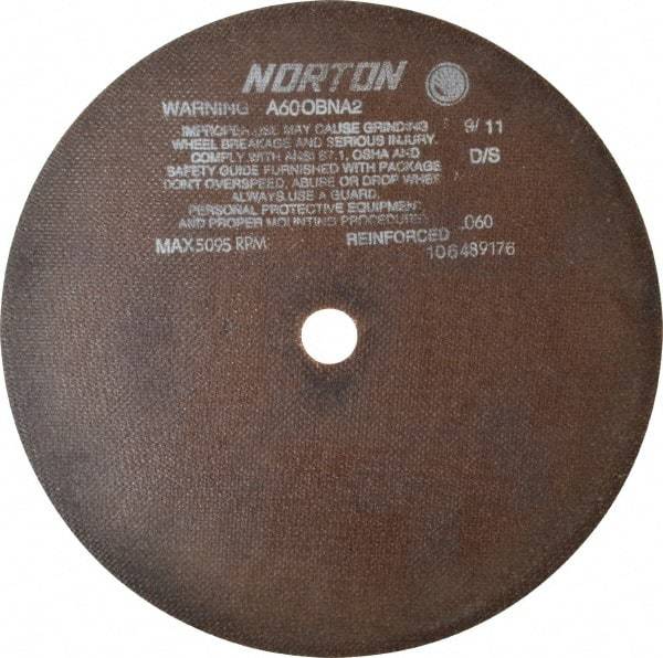 Norton - 12" 60 Grit Aluminum Oxide Cutoff Wheel - 0.06" Thick, 1" Arbor, 5,095 Max RPM, Use with Stationary Grinders - A1 Tooling