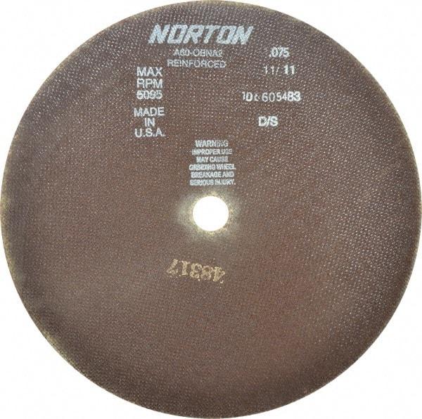 Norton - 12" 60 Grit Aluminum Oxide Cutoff Wheel - 0.075" Thick, 1" Arbor, 5,095 Max RPM, Use with Stationary Grinders - A1 Tooling