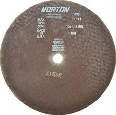 Norton - 12" 60 Grit Aluminum Oxide Cutoff Wheel - 0.075" Thick, 1" Arbor, 5,095 Max RPM, Use with Stationary Grinders - A1 Tooling