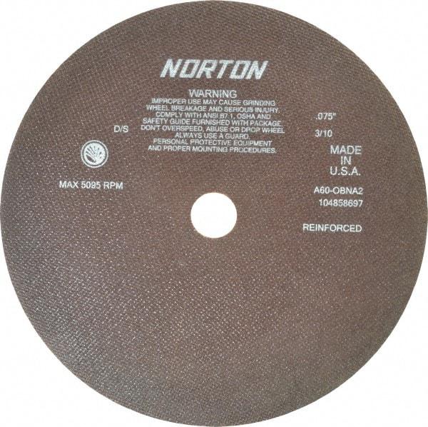 Norton - 12" 60 Grit Aluminum Oxide Cutoff Wheel - 0.075" Thick, 1-1/4" Arbor, 5,095 Max RPM, Use with Stationary Grinders - A1 Tooling