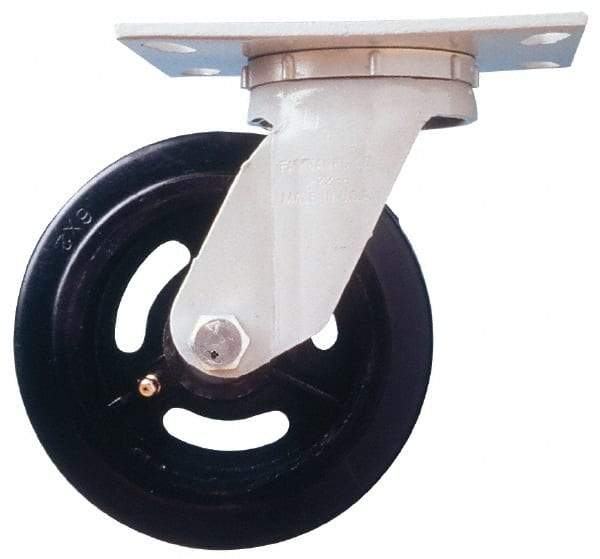 Fairbanks - 8" Diam x 2" Wide x 9-1/2" OAH Top Plate Mount Swivel Caster - Semi-Steel, 1,200 Lb Capacity, Roller Bearing, 4-1/2 x 6-1/4" Plate - A1 Tooling