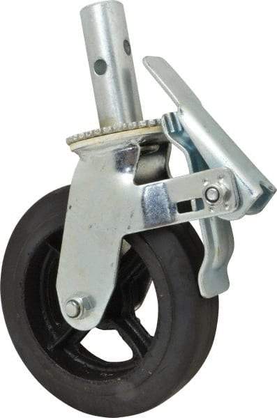 Fairbanks - 9-1/2" Diam x 2" Wide, Rubber Molded on 70 Durometer Swivel with Brake Double Braking Lock Design Caster - 500 Lb Capacity, Round Scaffold Stem Mount, Roller Bearing - A1 Tooling