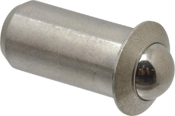 Vlier - 0.0786" Body Length x 3/8" Body Diam, 2.5 Lb Init to 7 Lb Final End Force, Stainless Steel Press Fit Ball Plunger - 5/16" Ball Diam, 0.11" Max Ball Reach, 0.078" Flange Thickness - A1 Tooling