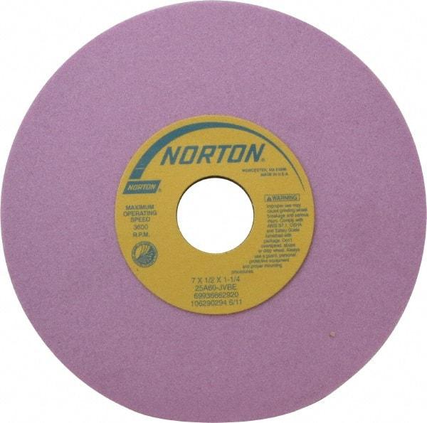 Norton - 7" Diam x 1-1/4" Hole x 1/2" Thick, J Hardness, 60 Grit Surface Grinding Wheel - Aluminum Oxide, Type 1, Medium Grade, 3,600 Max RPM, Vitrified Bond, No Recess - A1 Tooling