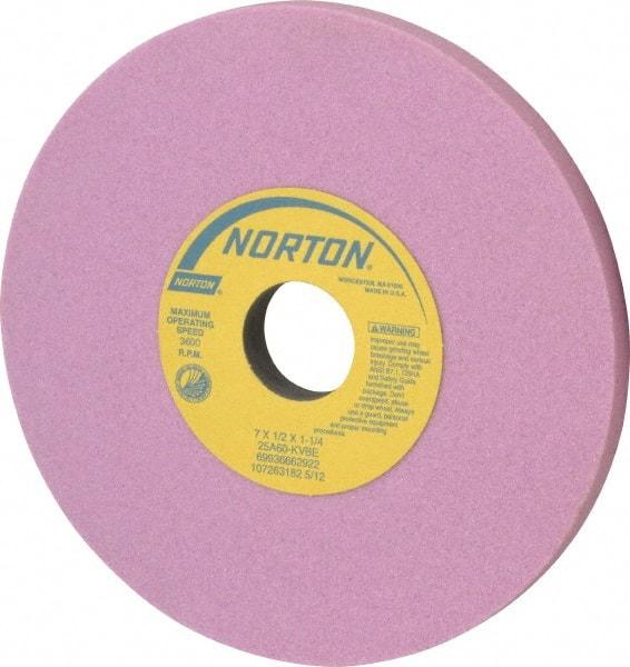 Norton - 7" Diam x 1-1/4" Hole x 1/2" Thick, K Hardness, 60 Grit Surface Grinding Wheel - Aluminum Oxide, Type 1, Medium Grade, 3,600 Max RPM, Vitrified Bond, No Recess - A1 Tooling