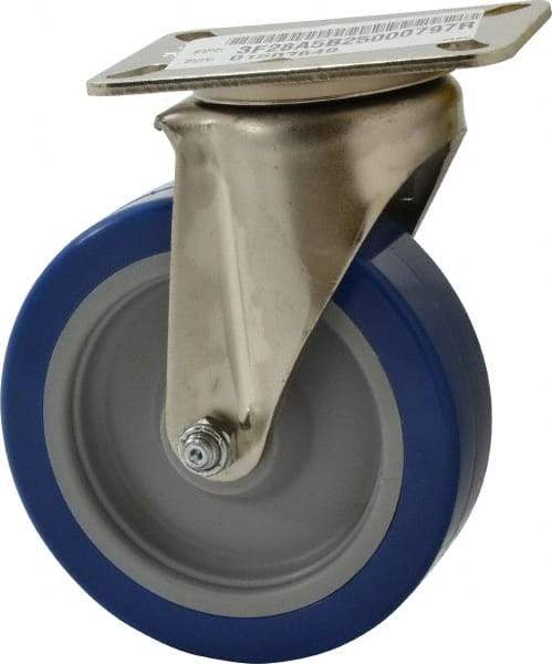 E.R. Wagner - 5" Diam x 1-1/2" Wide x 6-3/8" OAH Top Plate Mount Swivel Caster - Polyurethane, 450 Lb Capacity, Delrin Bearing, 3-1/8 x 4-1/8" Plate - A1 Tooling