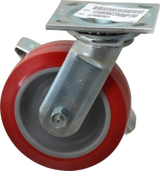 E.R. Wagner - 6" Diam x 2" Wide x 7-1/2" OAH Top Plate Mount Swivel Caster with Brake - Polyurethane, 900 Lb Capacity, Roller Bearing, 4 x 4-1/2" Plate - A1 Tooling