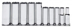 Proto - 10 Piece 3/8" Drive Chrome Finish Deep Well Socket Set - 6 Points, 5/16" to 7/8" Range, Inch Measurement Standard - A1 Tooling