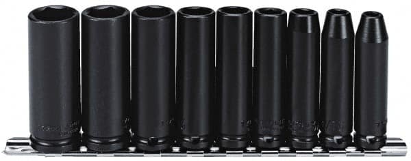 Proto - 9 Piece 3/8" Drive Black Finish Deep Well Impact Socket Set - 6 Points, 1/4" to 3/4" Range, Inch Measurement Standard - A1 Tooling