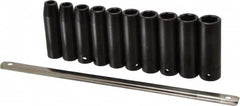 Proto - 10 Piece 1/2" Drive Black Finish Deep Well Impact Socket Set - 6 Points, 10mm to 19mm Range, Metric Measurement Standard - A1 Tooling