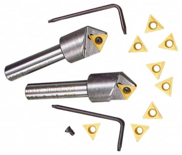 Everede Tool - 130° Included Angle, 0.896" Max Cut Diam, 1" Body Diam, 1/2" Shank Diam, 2-1/2" OAL, Indexable Countersink - 1 Triangle Insert, TPGH 215 Insert Style, Series IND - A1 Tooling