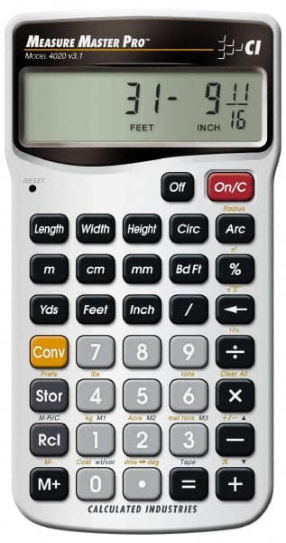 Calculated Industries - 11-Digit (7 normal, 4 Fractions) with Full Annunciators 30 Function Handheld Calculator - 5/8" x 2-1/2" (15.88mm x 63.5mm) Display Size, Silver, LR-44/A76 Powered, 7" Long x 5" Wide x 1" High - A1 Tooling