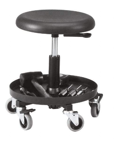 Bevco - 16 to 20-1/4" Hight Maintenance Repair Utility Stool with 16" Plastic Storage Tray - Polyurethane Seat, Black, Five 3" Rubber Wheel Casters - A1 Tooling