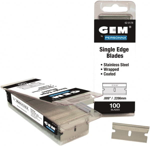 GEM - 100 Piece Stainless Steel Single Edge Blade - 1-1/2" OAL, 0.009" Blade Thickness - A1 Tooling