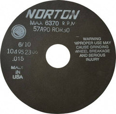 Norton - 6" 90 Grit Aluminum Oxide Cutoff Wheel - 0.015" Thick, 1-1/4" Arbor, 6,370 Max RPM, Use with Stationary Tools - A1 Tooling