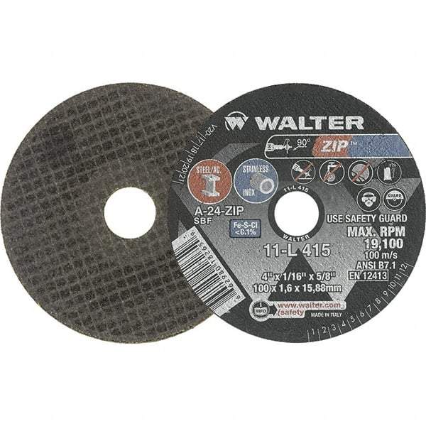 WALTER Surface Technologies - 4" 24 Grit Aluminum Oxide Cutoff Wheel - 1/16" Thick, 5/8" Arbor, 19,100 Max RPM, Use with Die Grinders - A1 Tooling