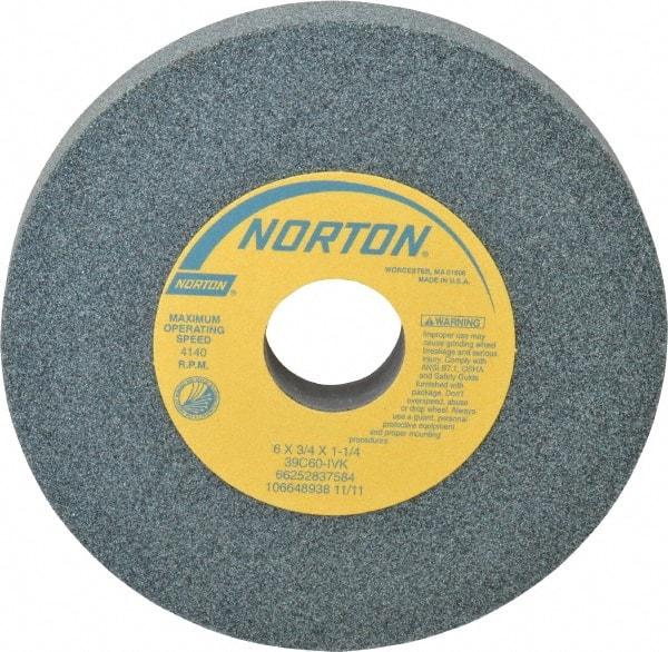 Norton - 6" Diam x 1-1/4" Hole x 3/4" Thick, I Hardness, 60 Grit Surface Grinding Wheel - Silicon Carbide, Type 1, Medium Grade, 4,140 Max RPM, Vitrified Bond, No Recess - A1 Tooling