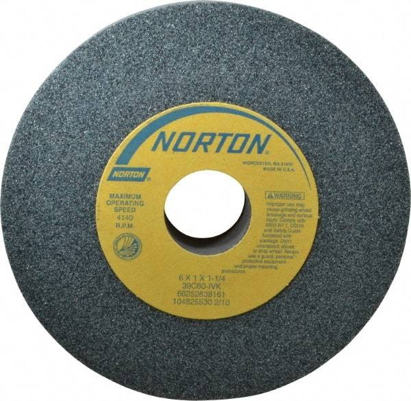 Norton - 6" Diam x 1-1/4" Hole x 1" Thick, I Hardness, 60 Grit Surface Grinding Wheel - Silicon Carbide, Type 1, Medium Grade, 4,140 Max RPM, Vitrified Bond, No Recess - A1 Tooling