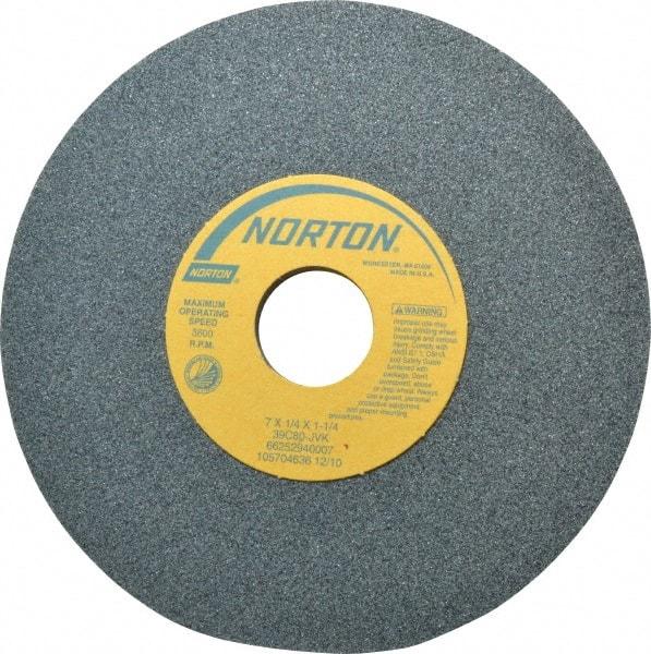 Norton - 7" Diam x 1-1/4" Hole x 1/4" Thick, J Hardness, 80 Grit Surface Grinding Wheel - Silicon Carbide, Type 1, Medium Grade, 3,600 Max RPM, Vitrified Bond, No Recess - A1 Tooling