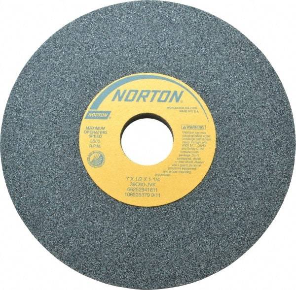 Norton - 7" Diam x 1-1/4" Hole x 1/2" Thick, J Hardness, 60 Grit Surface Grinding Wheel - Silicon Carbide, Type 1, Medium Grade, 3,600 Max RPM, Vitrified Bond, No Recess - A1 Tooling