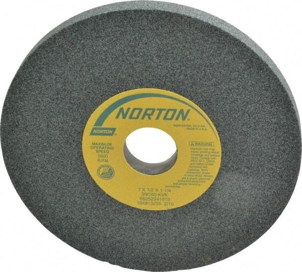 Norton - 7" Diam x 1-1/4" Hole x 1/2" Thick, K Hardness, 60 Grit Surface Grinding Wheel - Silicon Carbide, Type 1, Medium Grade, 3,600 Max RPM, Vitrified Bond, No Recess - A1 Tooling