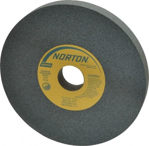 Norton - 7" Diam x 1-1/4" Hole x 3/4" Thick, J Hardness, 100 Grit Surface Grinding Wheel - Silicon Carbide, Type 1, Fine Grade, 3,600 Max RPM, Vitrified Bond, No Recess - A1 Tooling