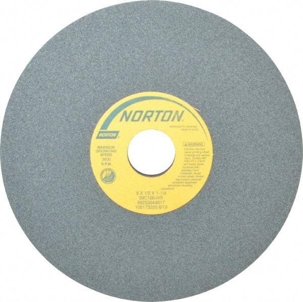 Norton - 8" Diam x 1-1/4" Hole x 1/2" Thick, I Hardness, 100 Grit Surface Grinding Wheel - Silicon Carbide, Type 1, Fine Grade, 3,600 Max RPM, Vitrified Bond, No Recess - A1 Tooling