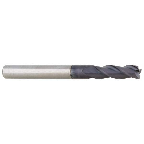 Corner Radius End Mill: 0.2188″ Dia, 3/8″ LOC, 0.02″ Radius, 3 Flutes, Solid Carbide 2″ OAL, 1/4″ Shank Dia, 35 ° Helix, AlTiN Coated, Corner Radius End, Centercutting