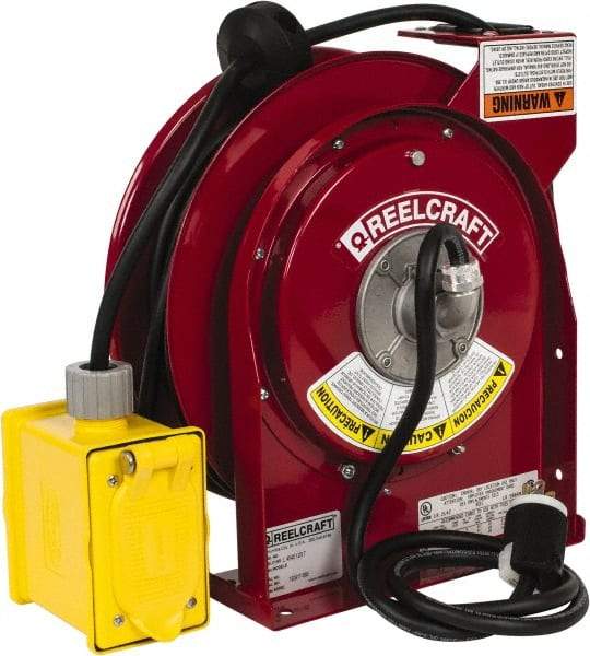 Reelcraft - 12 AWG, 45' Cable Length, Cord & Cable Reel with Duplex GFCI Outlet Box End - 2 Outlets, NEMA 5-20R, 20 Amps, 125 Volts, SJEOOW Cable, Red Reel - A1 Tooling