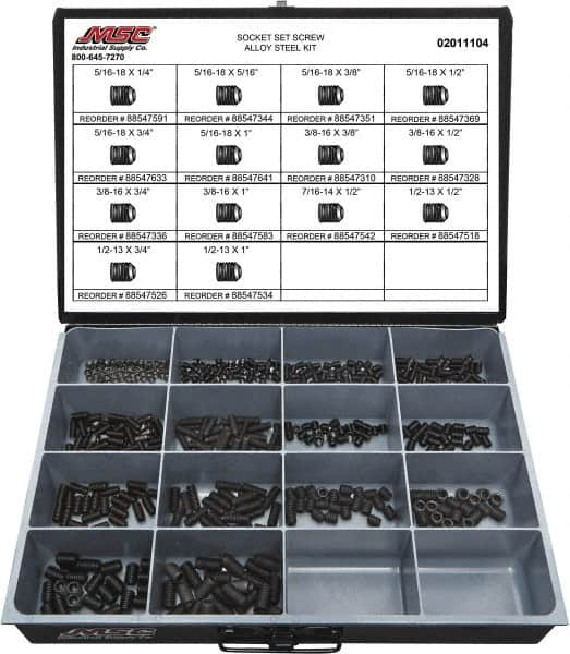 Value Collection - 500 Piece, 5/16 to 1/2, Steel Set Screw Assortment - Socket Cap Head, Hex Socket Drive, 1 to 3/4" Long - A1 Tooling