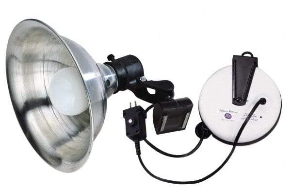 Made in USA - 18 AWG, 20' Cable Length, Cord & Cable Reel with Incandescent Hand Lamp End - 0 Outlets, 15 Amps, 110/115 Volts, SJT Cable, White/Black Reel - A1 Tooling