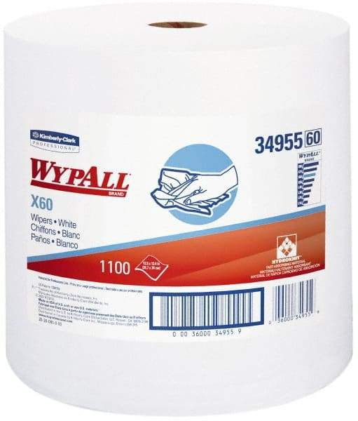 WypAll - X60 Dry Shop Towel/Industrial Wipes - Jumbo Roll, 13-3/8" x 12-5/8" Sheet Size, White - A1 Tooling