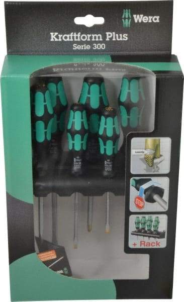 Wera - 6 Piece Phillips & Slotted Screwdriver Set - Hex with Bolster Shank, Kraftform Ergonomic Handle, Bit Sizes: Philips #1 & #2, Tip Thickness: 9/64, 5/32, 7/32 & 1/4 - A1 Tooling